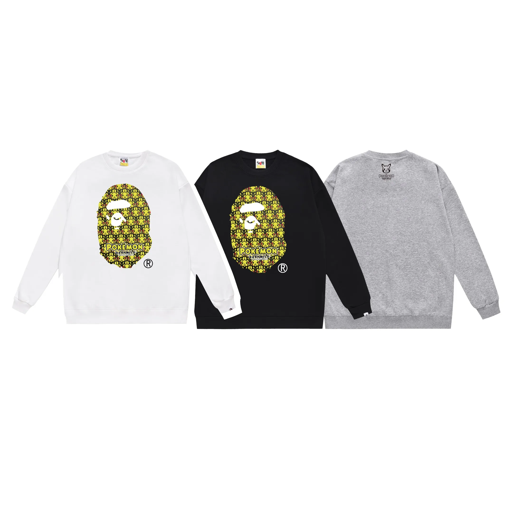 P170 model number SC320# terry 80 plus velvet 85 (top version) BAPE POKÉMON Pikachu Pokémon co-branded ape head printed round neck sweatshirt Made of 350g large terry (drop shoulder large version) fabric, soft and non-pilling texture, imported environmentally friendly printing glue, bright and three-dimensional pattern, quality 💥Same style for men and women, the upper body is fashionable Color: black white gray Size: S M L XL XXL