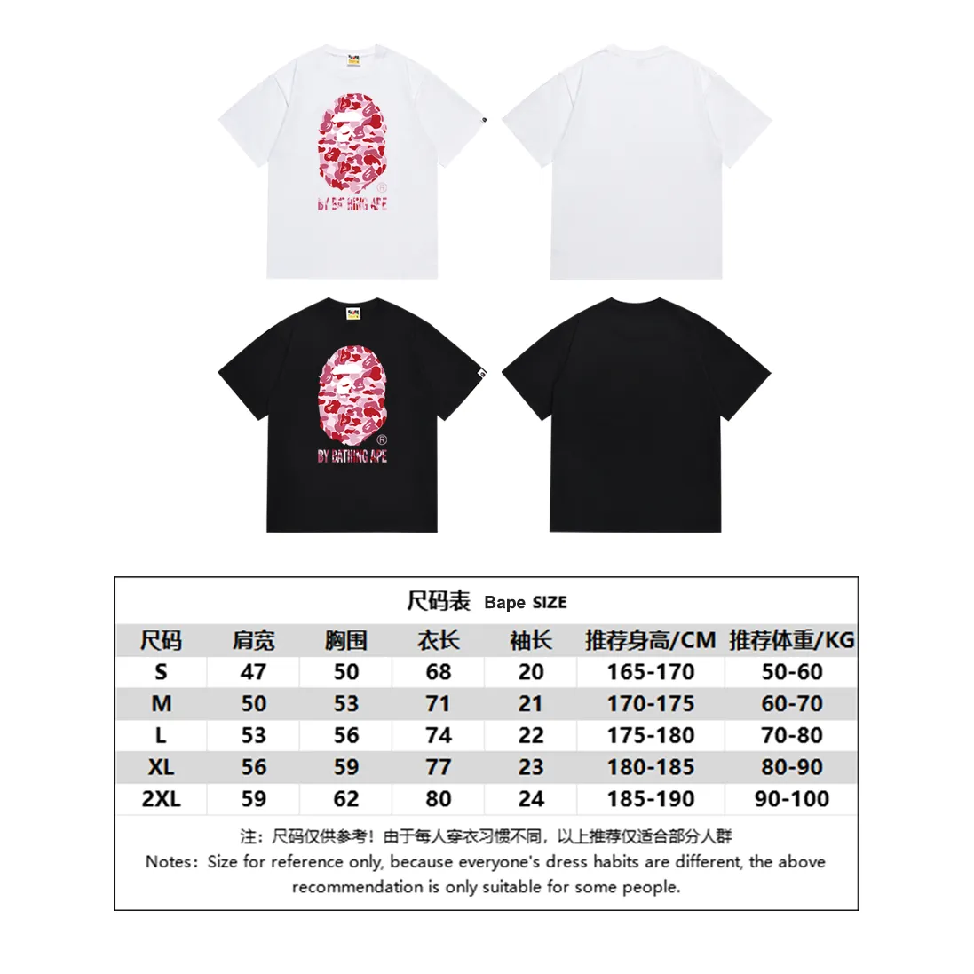 P110 SC075 (top version) BAPE camouflage ape head LOGO printed short-sleeved T-shirt Made of 260 grams of high-quality high-weave pure cotton fabric, double yarn combed, soft texture and no pilling Imported environmentally friendly printing glue, bright and three-dimensional pattern, quality 💥Same style for men and women, the upper body is fashionable Color: black green white green black pink white pink black blue white blue Size: S M L XL XXL