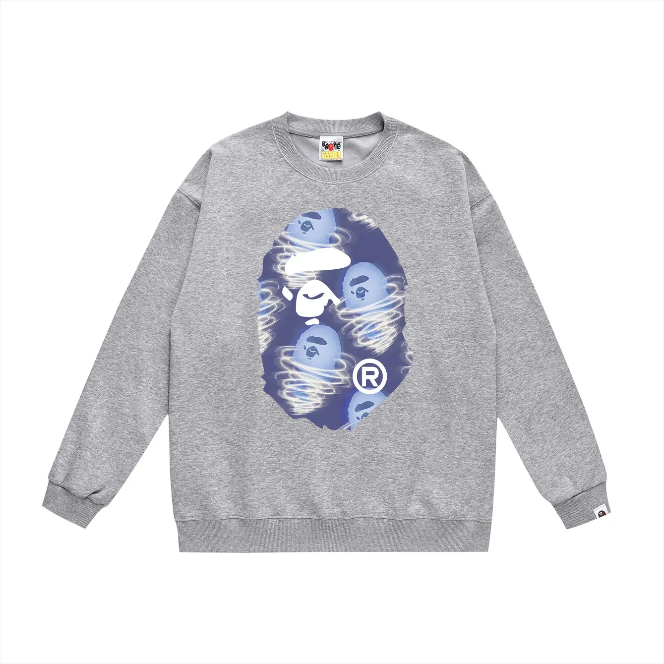 P150 model number SC461# terry 75 plus velvet 80 (top version) BAPE ape blue storm printed round neck sweatshirt Made of 350g large terry (drop shoulder large version) fabric, soft and non-pilling, imported environmentally friendly printing glue, bright and three-dimensional pattern, quality 💥Same style for men and women, the upper body is fashionable Color: black white gray Size: S M L XL XXL