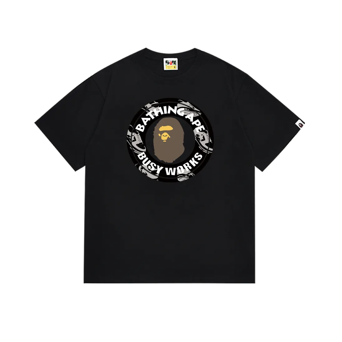 P110 SC073# (top version) BAPE Busy Works ape head classic letter printed short-sleeved T-shirt Made of 260 grams of high-quality high-woven pure cotton fabric, double yarn combed, soft texture and no pilling Imported environmentally friendly printing glue, bright and three-dimensional pattern, quality 💥Same style for men and women, the upper body is fashionable Color: black and white Size: S M L XL XXL