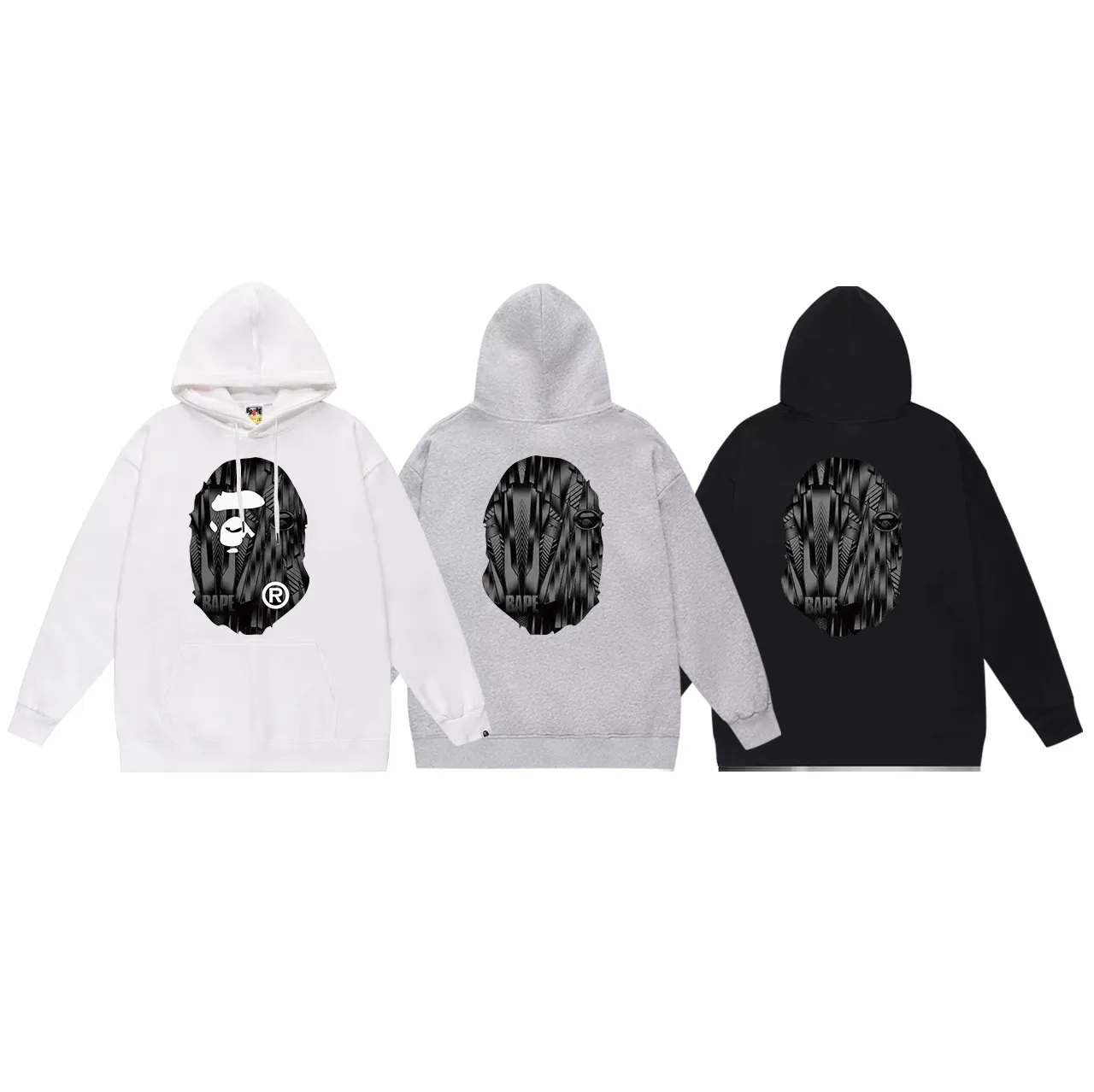 Model No. SC704# terry p160 plus velvet p180💰 (top version) BAPE speed racing speed pattern ape head print hooded sweatshirt. Made of 380g large terry 430g silver fox velvet (drop shoulder large version) fabric. The texture is soft and non-pilling. Imported environmentally friendly printing glue. The pattern is bright and three-dimensional. Quality💥Same style for men and women. The upper body is trendy. Color: dark brown, white brown, taupe. Size: S M L XL XXL