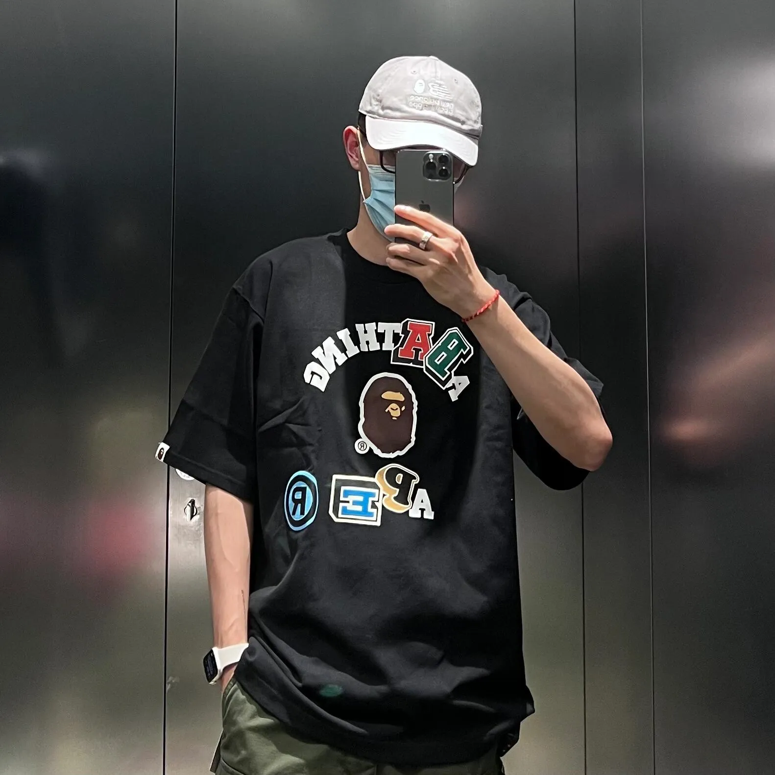 💰140 BAPE colorful letters ape head print short-sleeved T-shirt 280g weight linen cotton fabric ZP version couple style: S-XXL [black white]