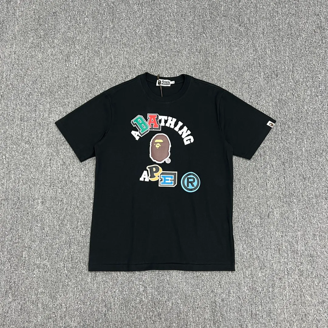 💰140 BAPE colorful letters ape head print short-sleeved T-shirt 280g weight linen cotton fabric ZP version couple style: S-XXL [black white]