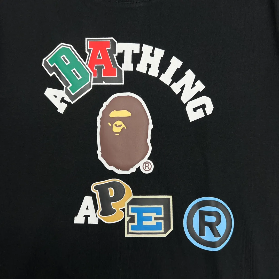 💰140 BAPE colorful letters ape head print short-sleeved T-shirt 280g weight linen cotton fabric ZP version couple style: S-XXL [black white]