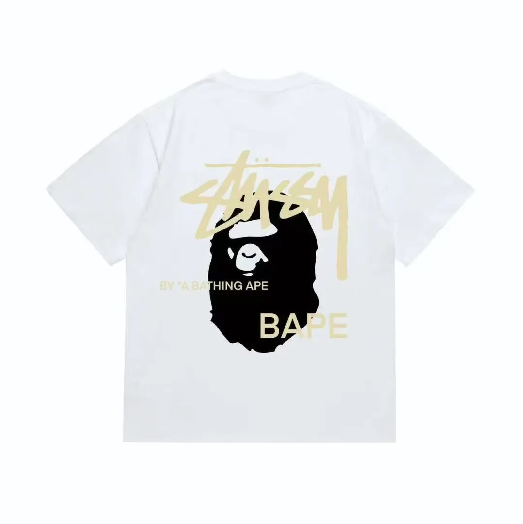 P110 001069 BAPE stussy co-branded printed short-sleeved T-shirt, same style for men and women, size smlxlxxl, black and yellow, white and yellow, black and red, white and red