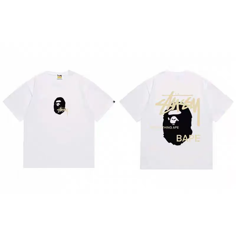 P110 001069 BAPE stussy co-branded printed short-sleeved T-shirt, same style for men and women, size smlxlxxl, black and yellow, white and yellow, black and red, white and red