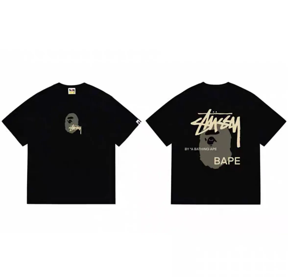 P110 001069 BAPE stussy co-branded printed short-sleeved T-shirt, same style for men and women, size smlxlxxl, black and yellow, white and yellow, black and red, white and red