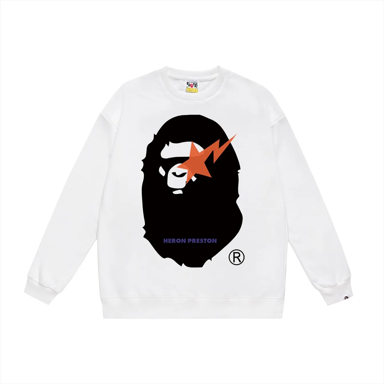 P150 model number SC500# terry 75 plus velvet 80 (top version) BAPE lightning ape head oversized pattern printed round neck sweatshirt. Made of 350g large terry (drop shoulder large version) fabric. The texture is soft and non-pilling. Imported environmentally friendly printing glue. The pattern is bright and three-dimensional. Quality 💥Same style for men and women. The upper body is trendy. Color: black white gray Size: S M L XL XXL