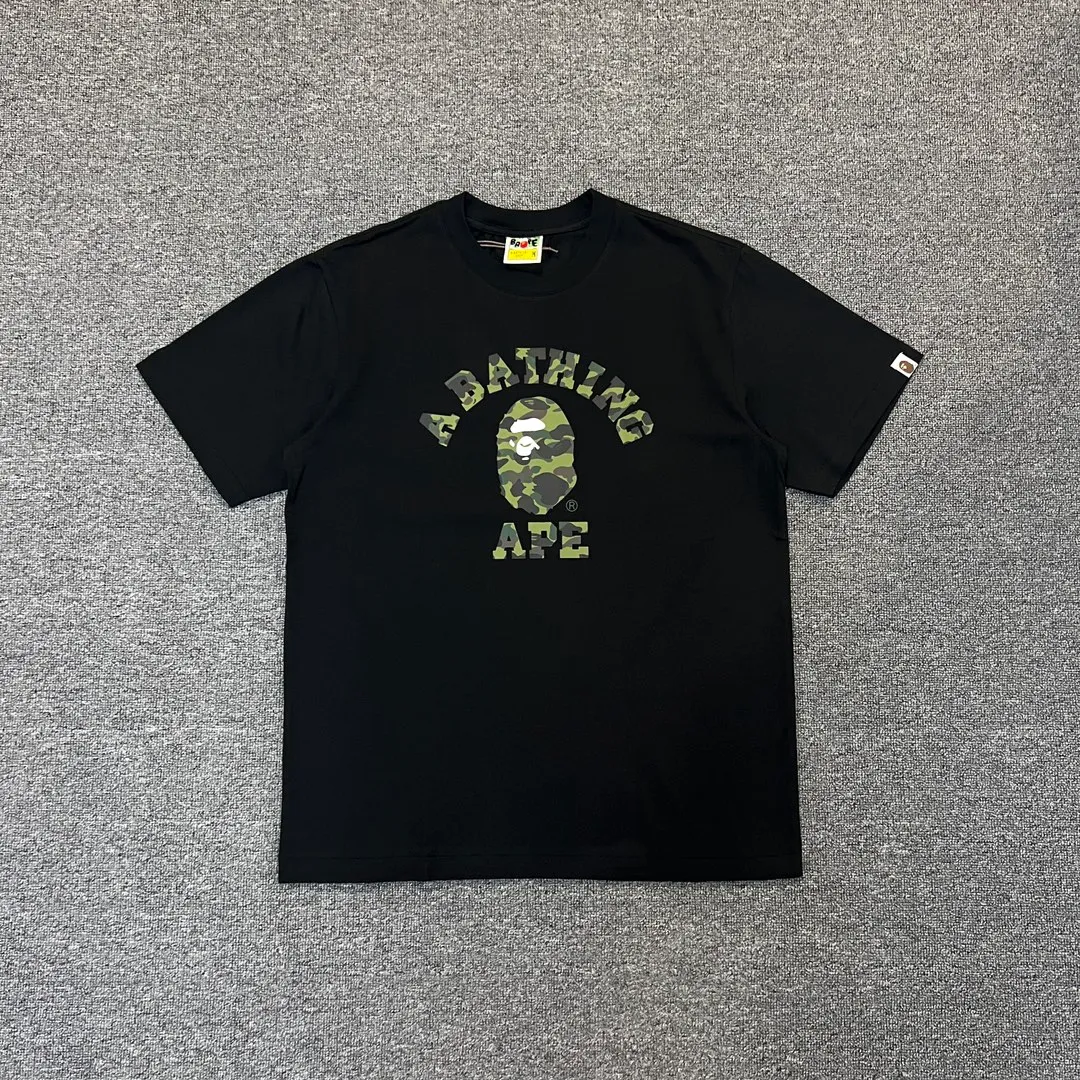 💰140 BAPE classic ape head letter camouflage print ZP version 280g weight linen cotton fabric Couple style: S-XXL [black and yellow, white and yellow, black and green, white and green]