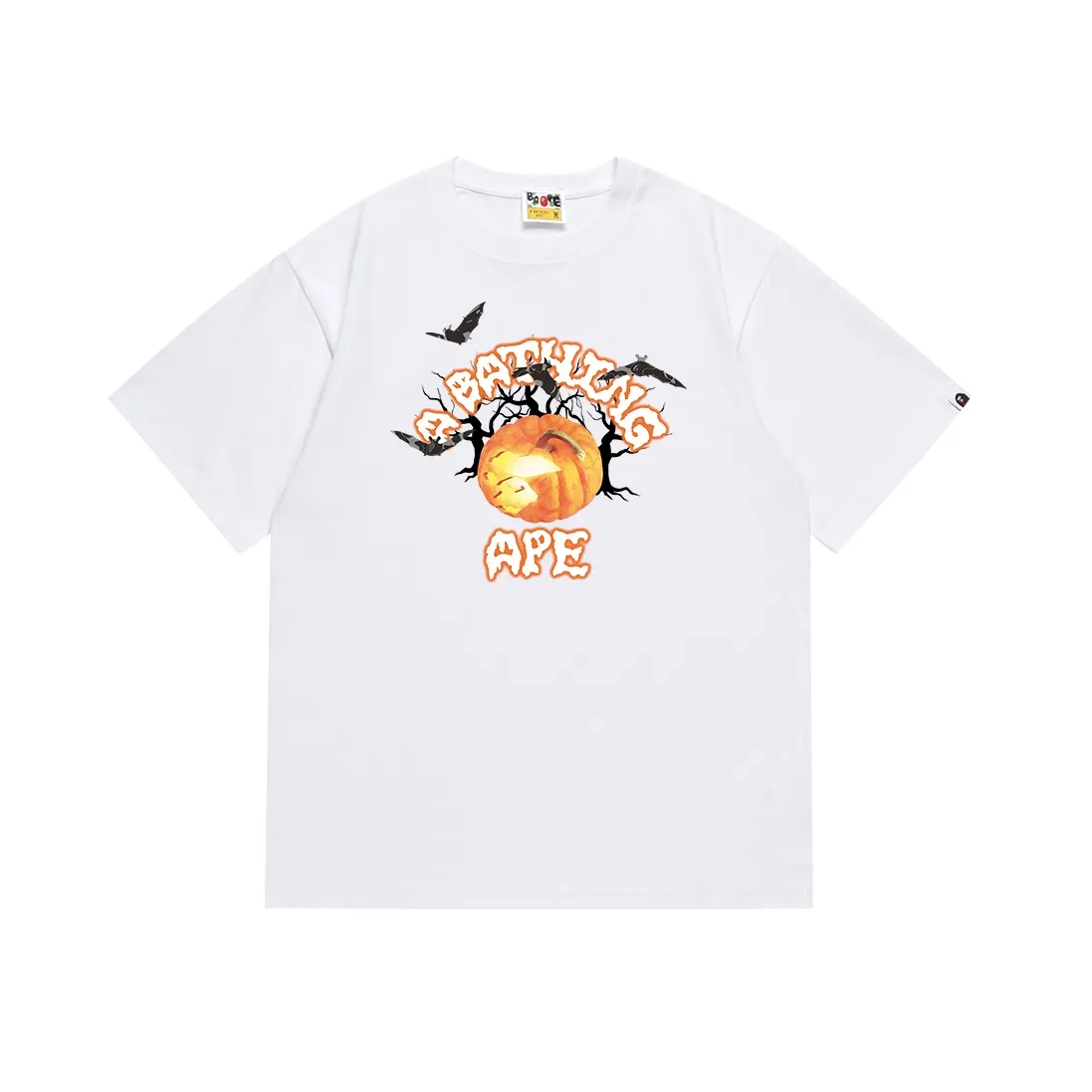 SC112#p110💰 (top version) BAPE Halloween pumpkin letter bat pattern printed short-sleeved T-shirt Made of 260 grams of high-quality high-weave pure cotton fabric, double yarn combed, soft texture and no pilling Imported environmentally friendly printing glue The pattern is bright and three-dimensional Quality💥Same style for men and women The upper body is trendy Color: black white Size: S M L XL XXL