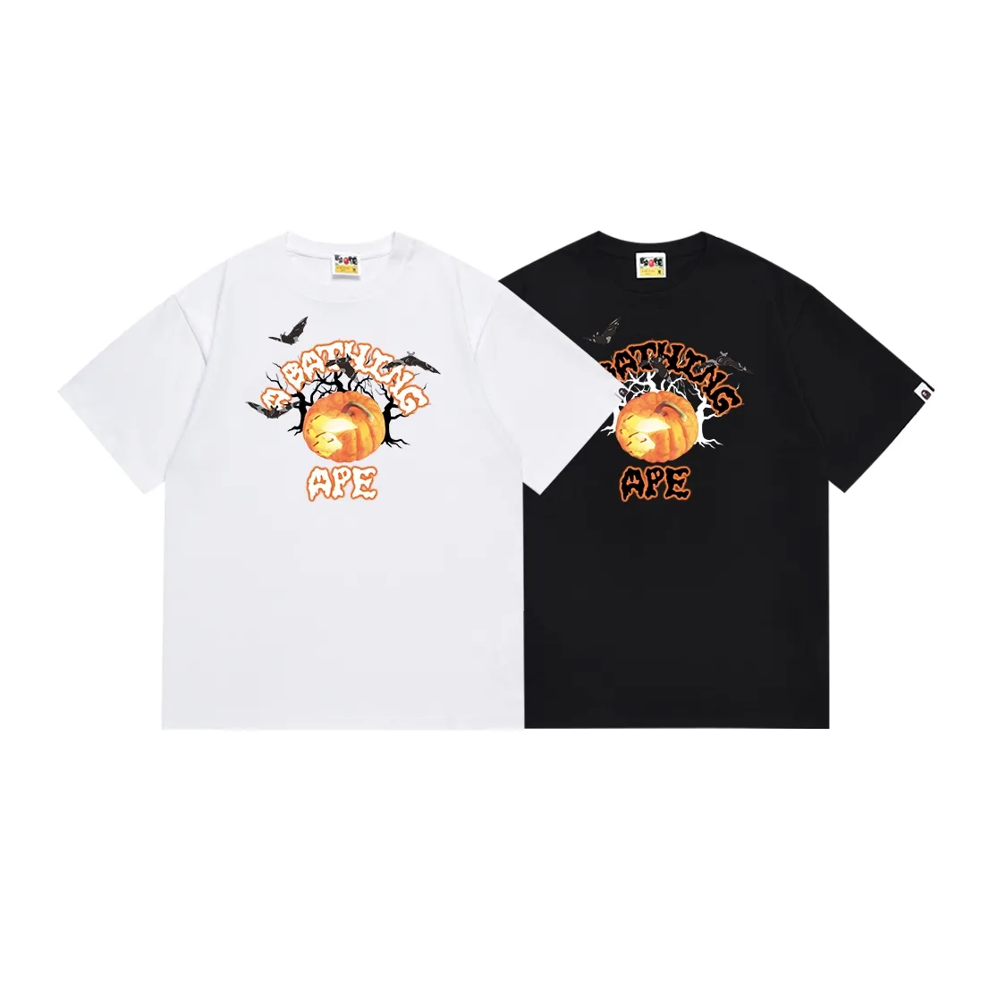 SC112#p110💰 (top version) BAPE Halloween pumpkin letter bat pattern printed short-sleeved T-shirt Made of 260 grams of high-quality high-weave pure cotton fabric, double yarn combed, soft texture and no pilling Imported environmentally friendly printing glue The pattern is bright and three-dimensional Quality💥Same style for men and women The upper body is trendy Color: black white Size: S M L XL XXL