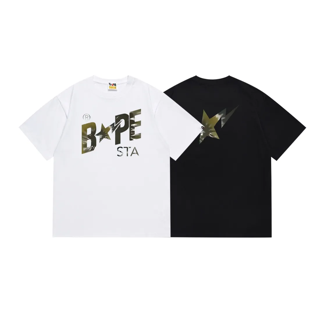 SC114#p110💰 (top version) BAPE tie-dye letter star printed short-sleeved T-shirt Made of 260 grams of high-quality high-weave pure cotton fabric, double yarn combed, soft texture and no pilling Imported environmentally friendly printing glue, bright and three-dimensional pattern, quality 💥Same style for men and women, the upper body is fashionable Color: black white Size: S M L XL XXL