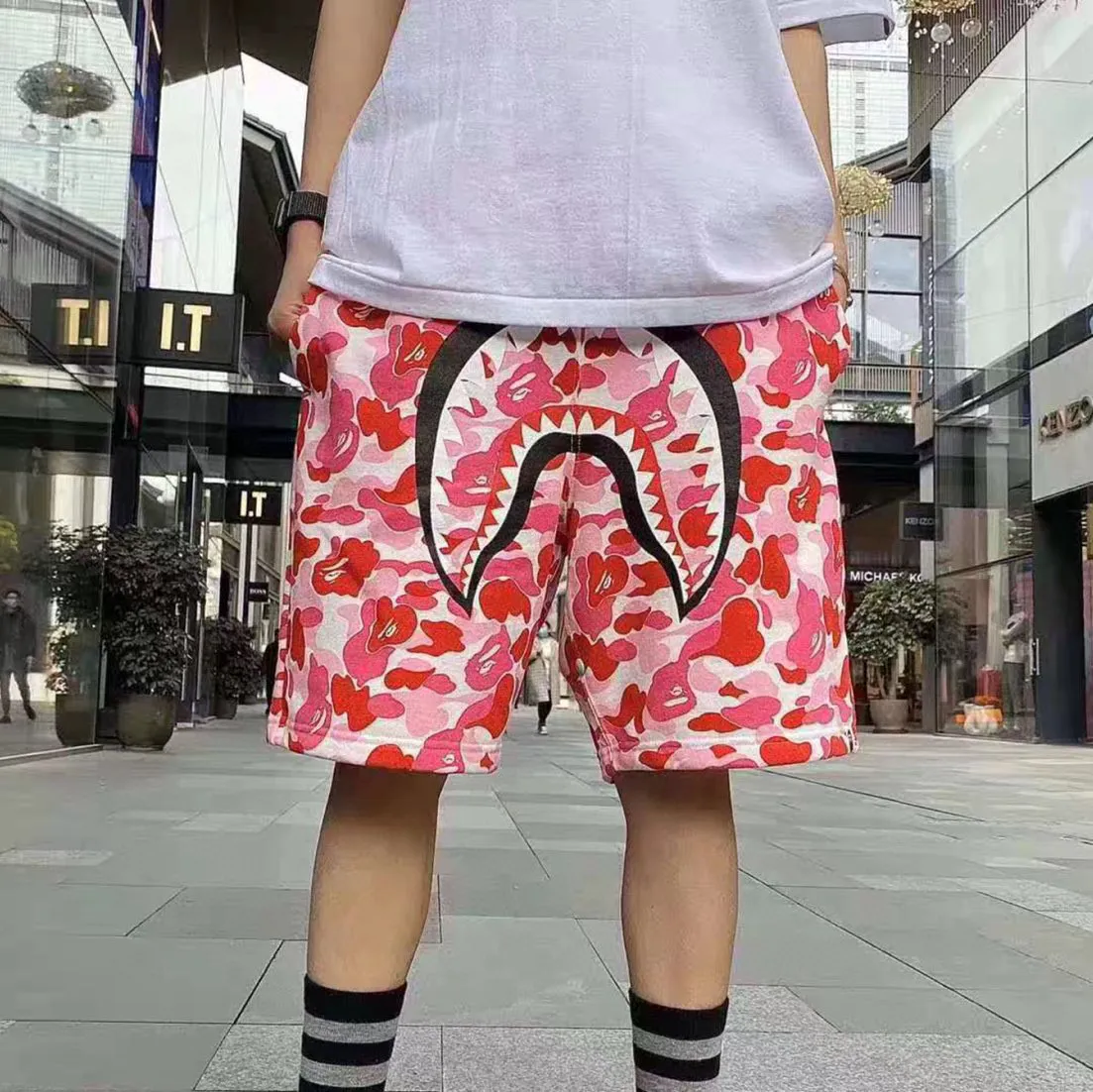 💰200 BAPE Camo Shark Shorts Abc Camo Shark Shorts 340g pure cotton custom fabric ZP version Couple style: M—XXL [Rose Pink]