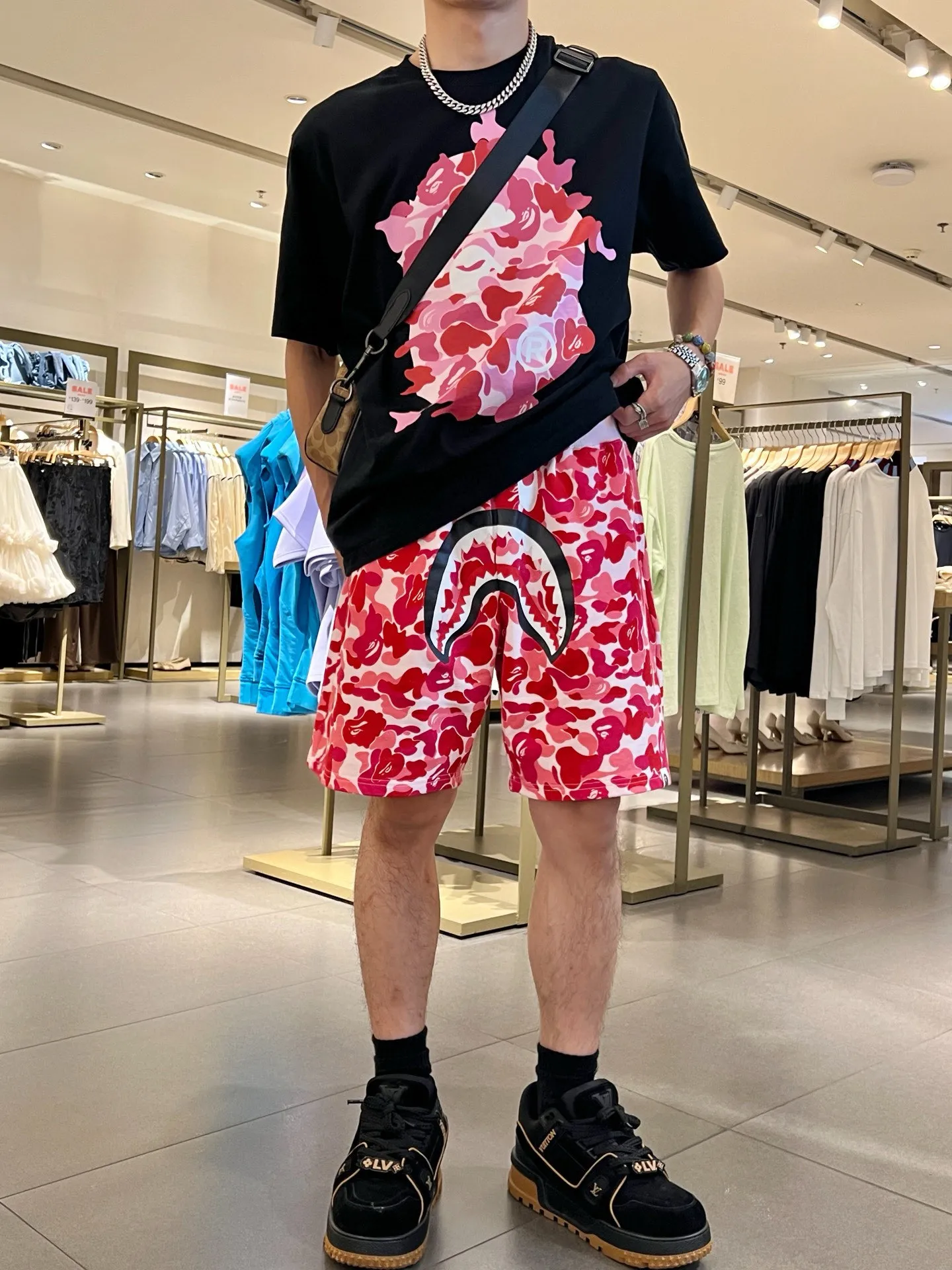 💰200 BAPE Camo Shark Shorts Abc Camo Shark Shorts 340g pure cotton custom fabric ZP version Couple style: M—XXL [Rose Pink]