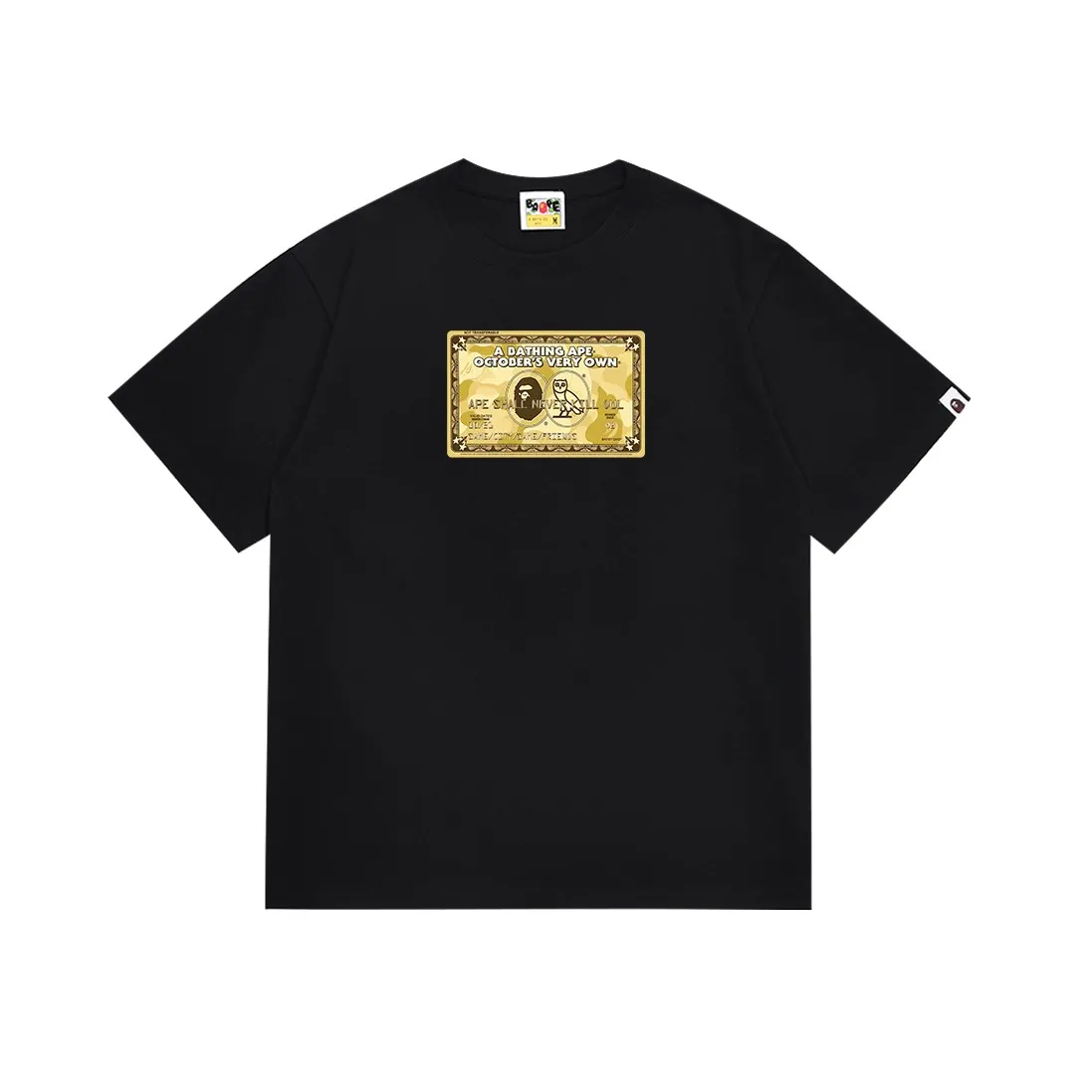 SC195#p110💰 (top version) BAPE×OVO co-branded ape head owl gold card logo printed T-shirt Made of 260 grams of high-quality high-weave pure cotton fabric, double yarn combed, soft texture and no pilling Imported environmentally friendly printing glue, bright and three-dimensional pattern, quality 💥Same style for men and women, the upper body is fashionable Color: black white Size: S M L XL XXL