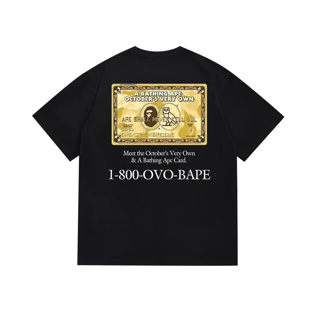 SC195#p110💰 (top version) BAPE×OVO co-branded ape head owl gold card logo printed T-shirt Made of 260 grams of high-quality high-weave pure cotton fabric, double yarn combed, soft texture and no pilling Imported environmentally friendly printing glue, bright and three-dimensional pattern, quality 💥Same style for men and women, the upper body is fashionable Color: black white Size: S M L XL XXL