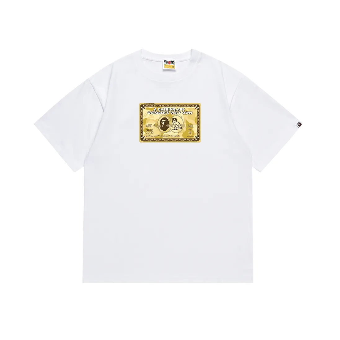 SC195#p110💰 (top version) BAPE×OVO co-branded ape head owl gold card logo printed T-shirt Made of 260 grams of high-quality high-weave pure cotton fabric, double yarn combed, soft texture and no pilling Imported environmentally friendly printing glue, bright and three-dimensional pattern, quality 💥Same style for men and women, the upper body is fashionable Color: black white Size: S M L XL XXL