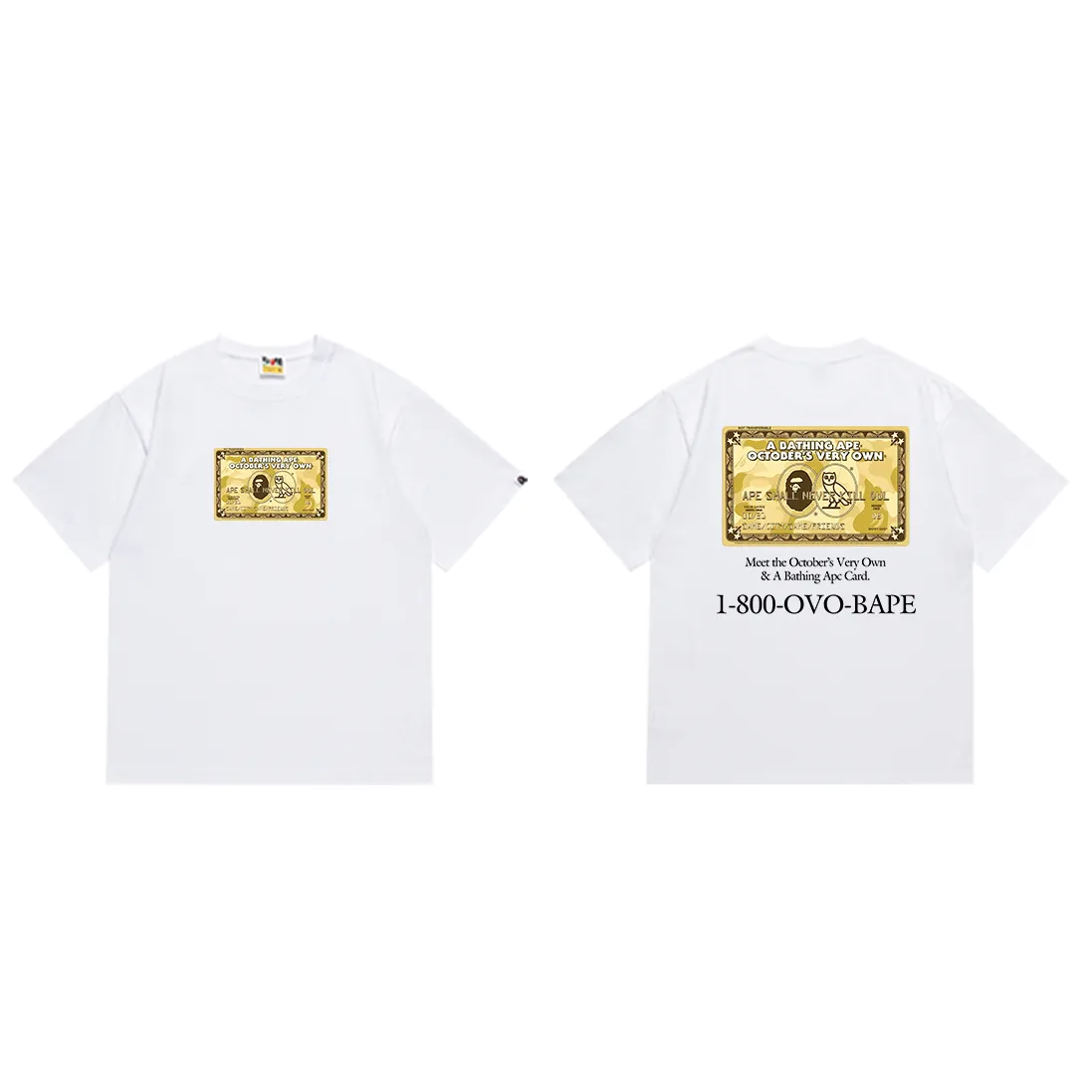 SC195#p110💰 (top version) BAPE×OVO co-branded ape head owl gold card logo printed T-shirt Made of 260 grams of high-quality high-weave pure cotton fabric, double yarn combed, soft texture and no pilling Imported environmentally friendly printing glue, bright and three-dimensional pattern, quality 💥Same style for men and women, the upper body is fashionable Color: black white Size: S M L XL XXL