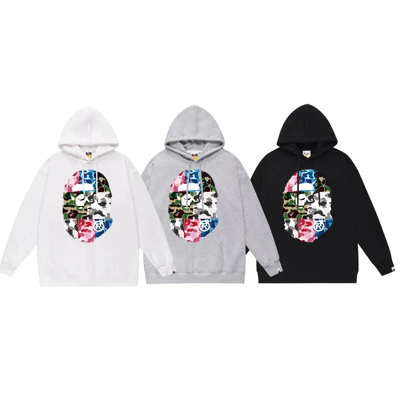 Model No. SC748#terry p160 plus velvet 180💰 (top version) BAPE camouflage spliced ​​ape head print hooded sweatshirt. Made of 380g large terry (drop shoulder large version) fabric. The texture is soft and non-pilling. Imported environmentally friendly printing glue. The pattern is bright and three-dimensional. Quality💥Same style for men and women. The upper body is trendy. Color: black white gray Size: S M L XL XXL