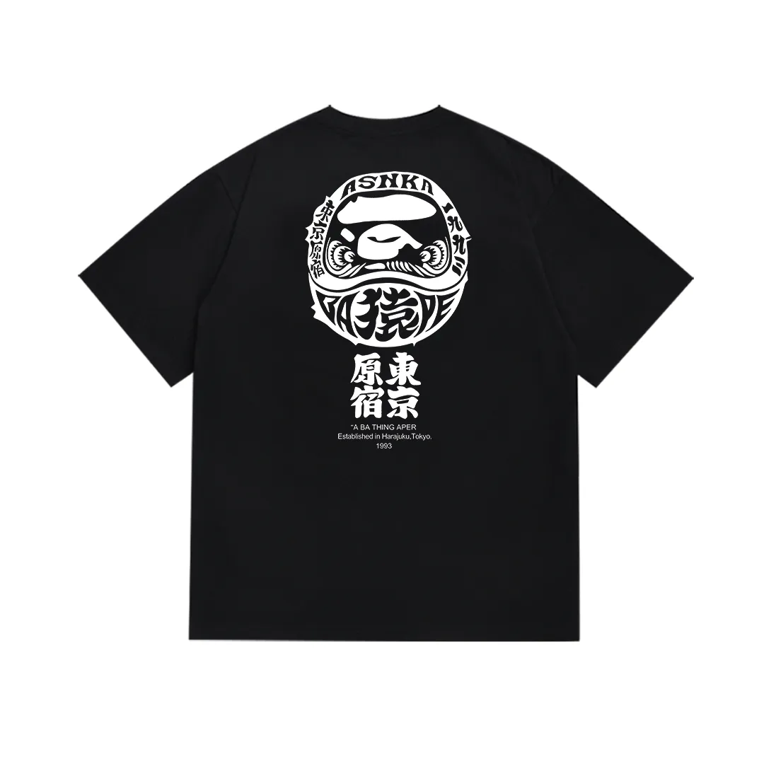 P110 SC029#p (top version) BAPE ape head letter print Japanese Daruma pattern short-sleeved T-shirt Made of 260 grams of high-quality high-woven pure cotton fabric, double yarn combed, soft texture and no pilling Imported environmentally friendly printing glue, bright and three-dimensional pattern, quality 💥Same style for men and women, the upper body is fashionable Color: black and white Size: S M L XL XXL