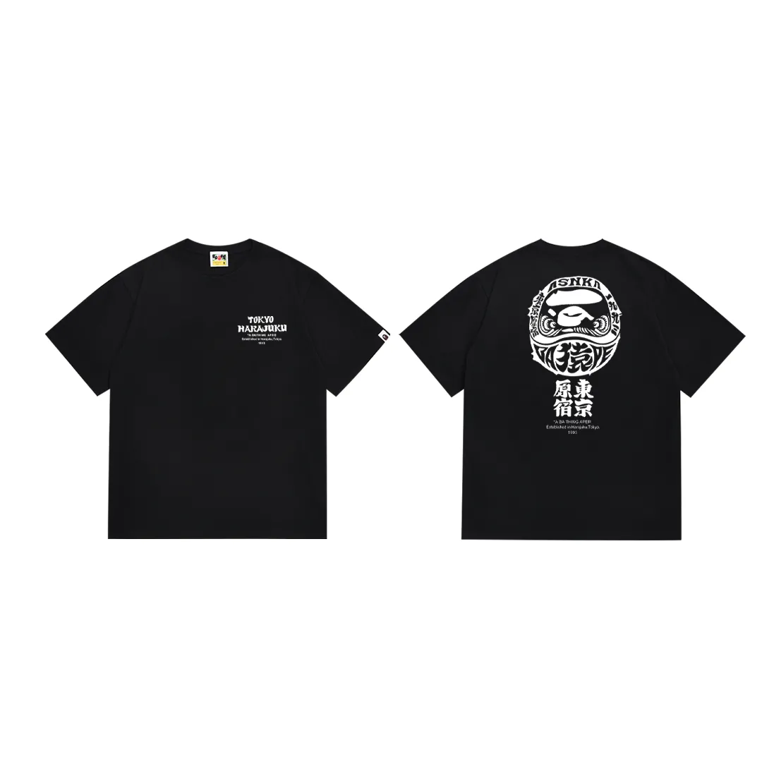 P110 SC029#p (top version) BAPE ape head letter print Japanese Daruma pattern short-sleeved T-shirt Made of 260 grams of high-quality high-woven pure cotton fabric, double yarn combed, soft texture and no pilling Imported environmentally friendly printing glue, bright and three-dimensional pattern, quality 💥Same style for men and women, the upper body is fashionable Color: black and white Size: S M L XL XXL