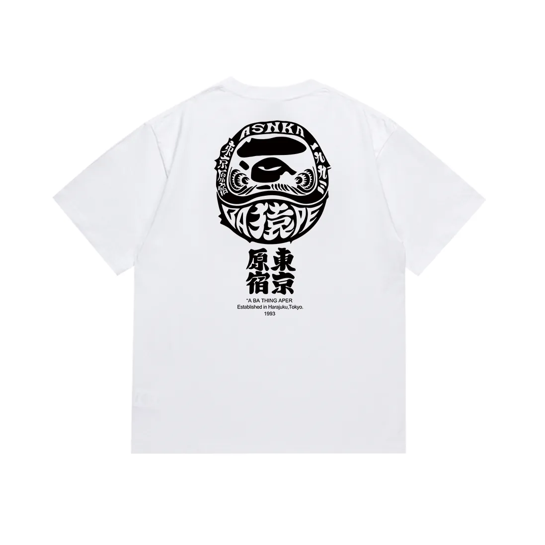 P110 SC029#p (top version) BAPE ape head letter print Japanese Daruma pattern short-sleeved T-shirt Made of 260 grams of high-quality high-woven pure cotton fabric, double yarn combed, soft texture and no pilling Imported environmentally friendly printing glue, bright and three-dimensional pattern, quality 💥Same style for men and women, the upper body is fashionable Color: black and white Size: S M L XL XXL
