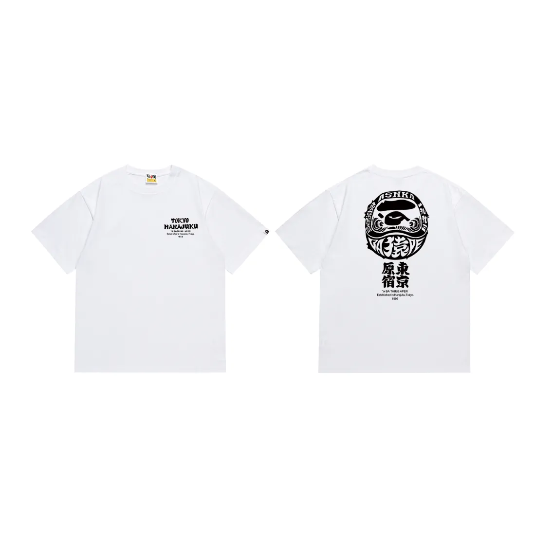 P110 SC029#p (top version) BAPE ape head letter print Japanese Daruma pattern short-sleeved T-shirt Made of 260 grams of high-quality high-woven pure cotton fabric, double yarn combed, soft texture and no pilling Imported environmentally friendly printing glue, bright and three-dimensional pattern, quality 💥Same style for men and women, the upper body is fashionable Color: black and white Size: S M L XL XXL