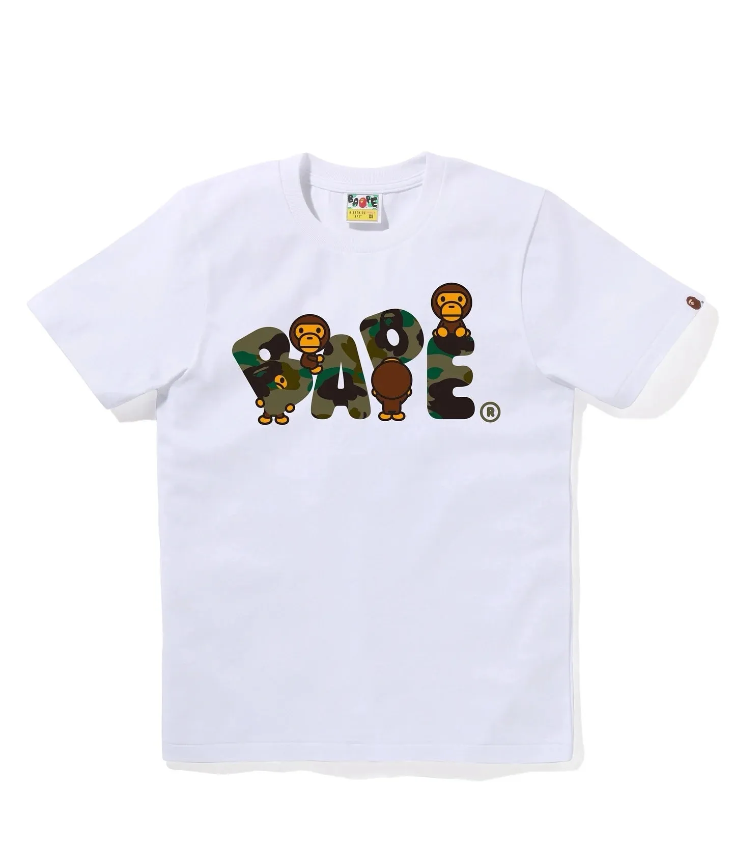 P110 001151 BAPE SS25 camouflage ape cartoon monkey pattern printed round neck casual and comfortable short-sleeved T-shirt, same style for men and women, size smlxlxxl, white gray, white green, white yellow, black gray, black green, black yellow