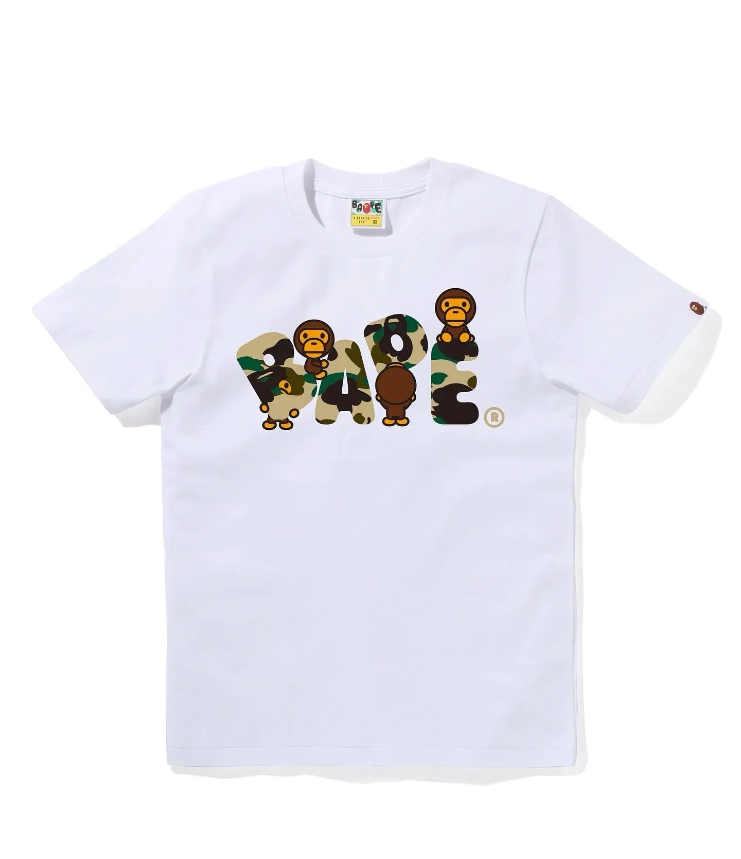 P110 001151 BAPE SS25 camouflage ape cartoon monkey pattern printed round neck casual and comfortable short-sleeved T-shirt, same style for men and women, size smlxlxxl, white gray, white green, white yellow, black gray, black green, black yellow