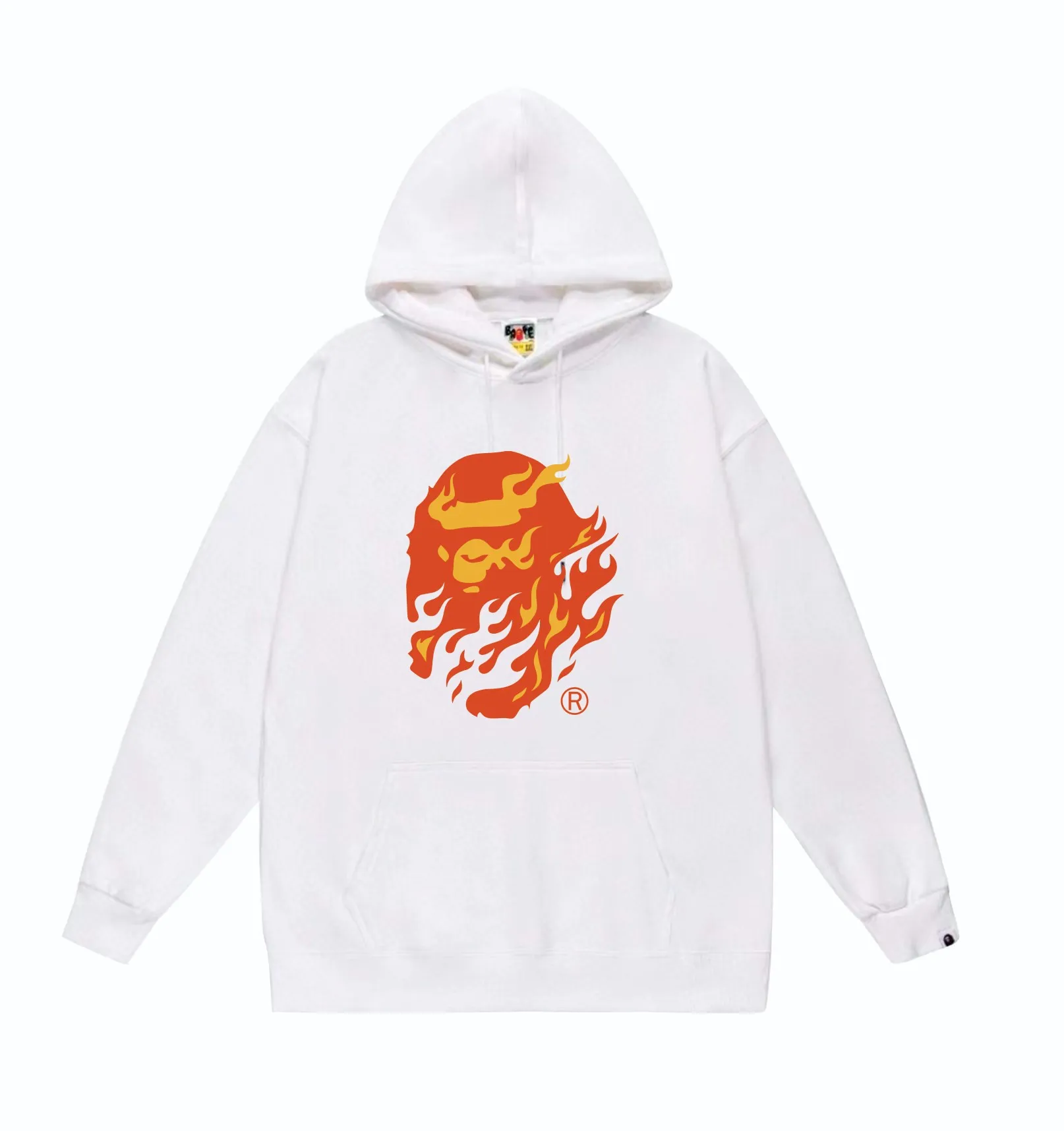 P160 model number SC828# terry 80 plus velvet 90 (top version) BAPE SS24 flame ape head print hooded sweatshirt Made of 380g large terry (drop shoulder large version) fabric, soft texture and no pilling Imported environmentally friendly printing glue The pattern is bright and three-dimensional Quality 💥Same style for men and women The upper body is trendy Color: Black White Gray Size: S M L XL XXL