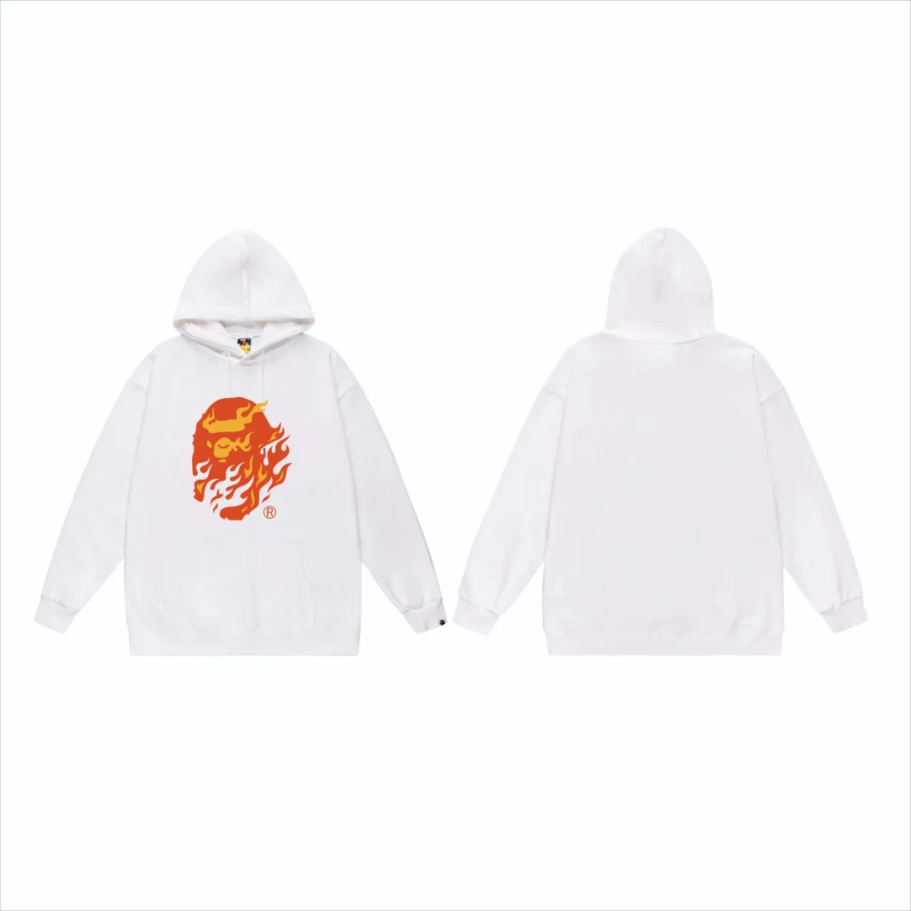 P160 model number SC828# terry 80 plus velvet 90 (top version) BAPE SS24 flame ape head print hooded sweatshirt Made of 380g large terry (drop shoulder large version) fabric, soft texture and no pilling Imported environmentally friendly printing glue The pattern is bright and three-dimensional Quality 💥Same style for men and women The upper body is trendy Color: Black White Gray Size: S M L XL XXL
