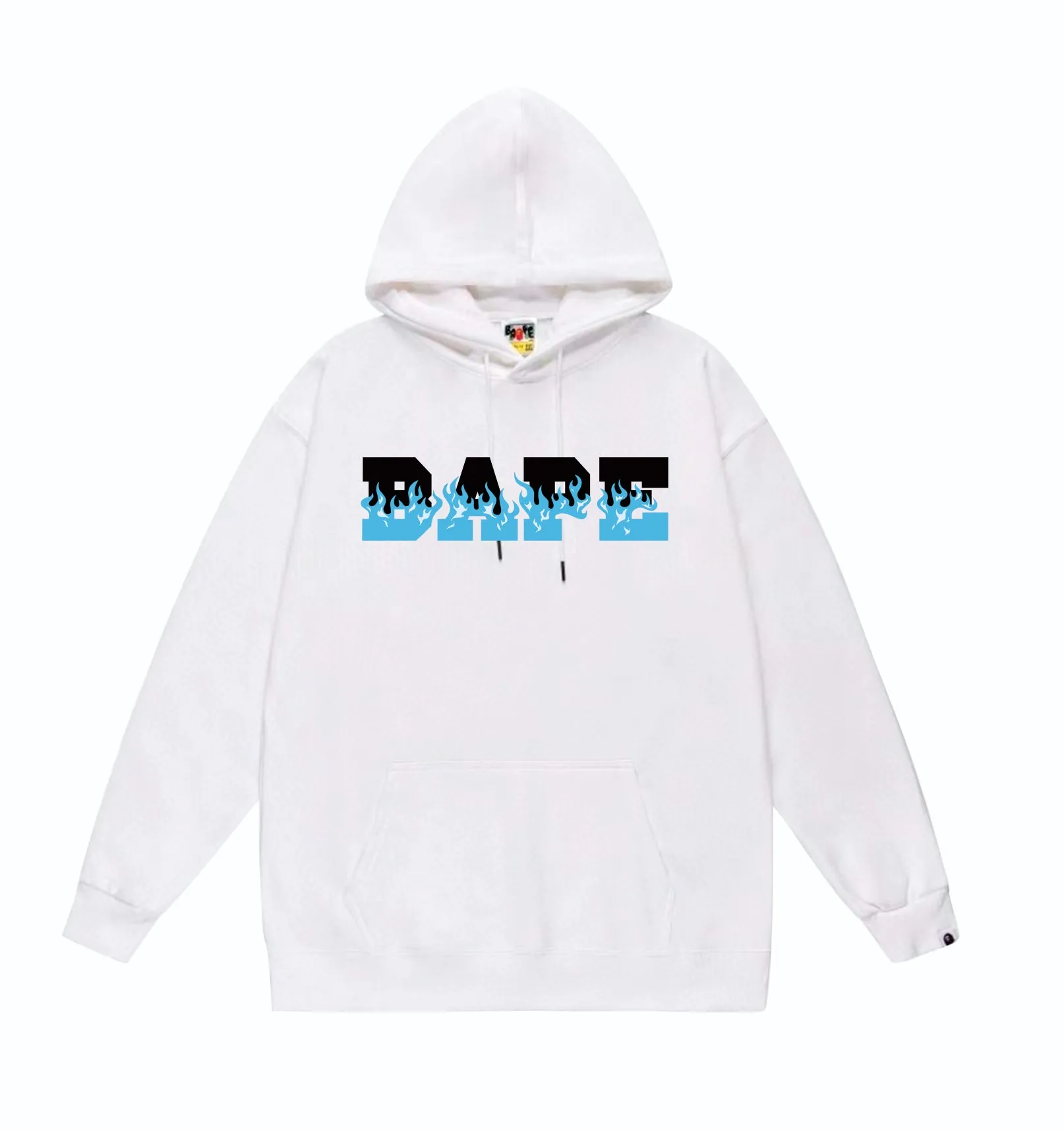 P160 model number SC837# terry 80 plus velvet 90 (top version) BAPE flame letter print pattern hooded sweatshirt. Made of 380 grams of large terry (drop shoulder large version) fabric. The texture is soft and non-pilling. Imported environmentally friendly printing glue. The pattern is bright and three-dimensional. Quality 💥Same style for men and women. The upper body is trendy. Color: black white gray Size: S M L XL XXL