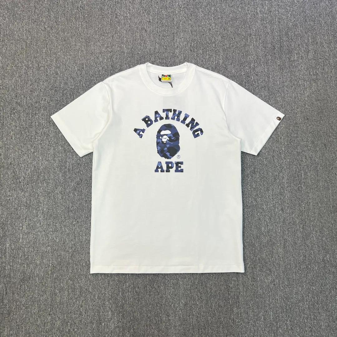 💰140 BAPE camouflage ape head letter printed short-sleeved T-shirt 270g weight linen cotton fabric Couple style: S-XXL [white blue black blue white purple black purple white red black red]