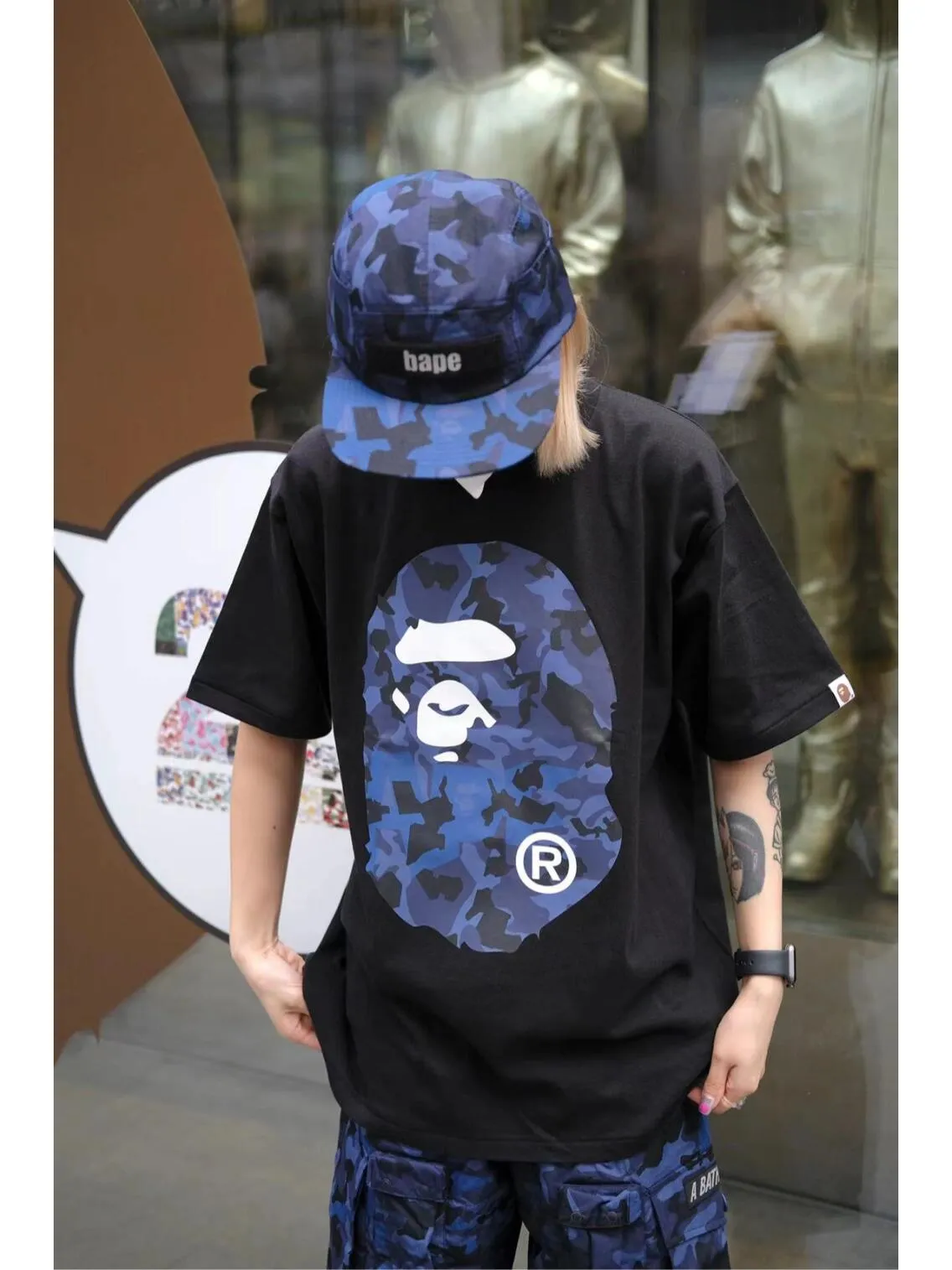 💰140 BAPE letter desert camouflage ape head double-sided printed short-sleeved T-shirt 280g weight linen cotton fabric Couple style: S-XXL [black apricot, white apricot, black blue, white blue]