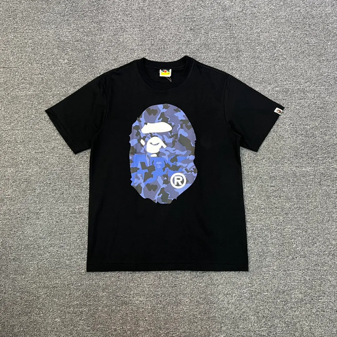 💰140 BAPE letter desert camouflage ape head double-sided printed short-sleeved T-shirt 280g weight linen cotton fabric Couple style: S-XXL [black apricot, white apricot, black blue, white blue]