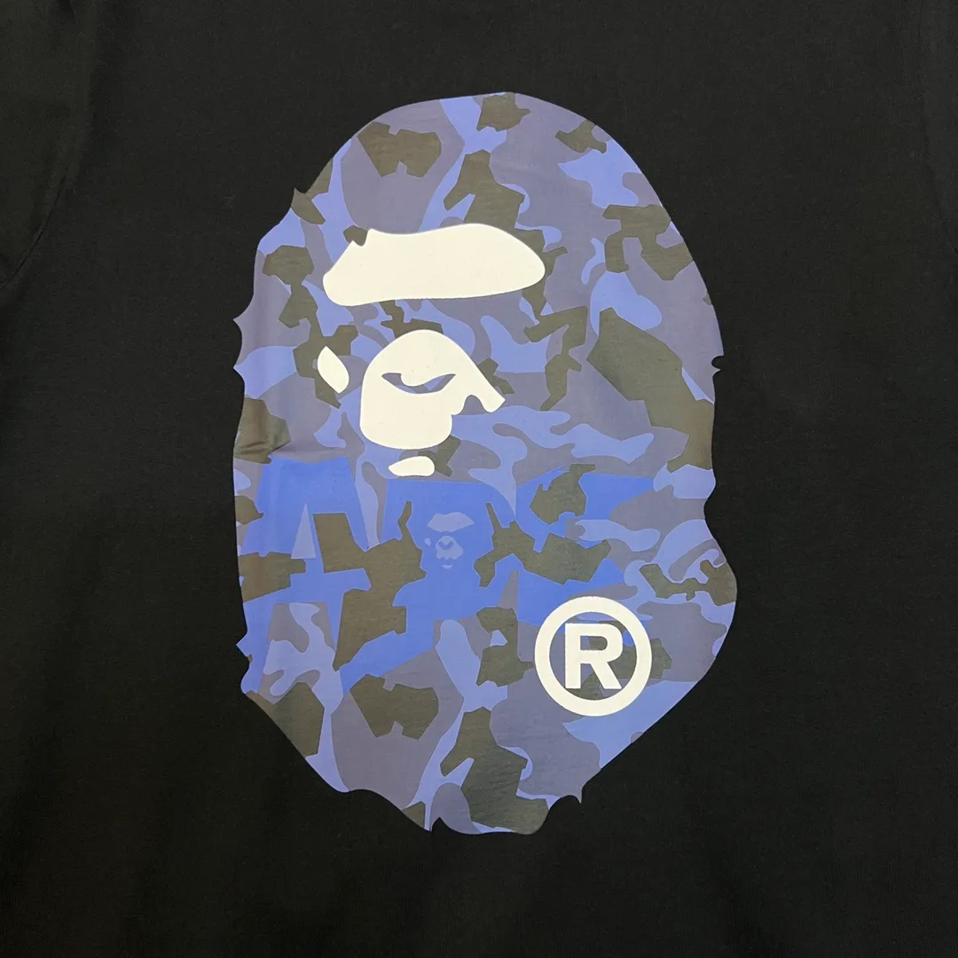 💰140 BAPE letter desert camouflage ape head double-sided printed short-sleeved T-shirt 280g weight linen cotton fabric Couple style: S-XXL [black apricot, white apricot, black blue, white blue]