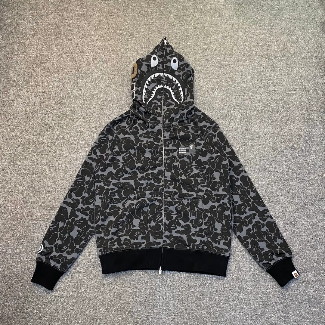 💰380 Dover Street Market Bape DSM 15th Anniversary Ginza Limited Camouflage Shark Sweatshirt Hoodie Couple Style: S—XXL [Gray]