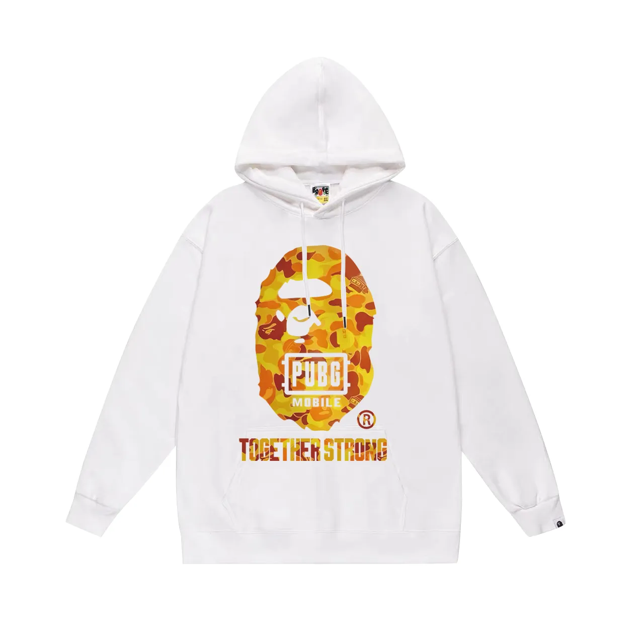P160 model number SC772# terry 80 plus velvet 90 (top version) BAPE Peace Elite chicken joint orange camouflage great ape head hooded sweatshirt Made of 380g large terry (drop shoulder large version) fabric, soft and non-pilling texture, imported environmentally friendly printing glue, bright and three-dimensional pattern, quality 💥Same style for men and women, the upper body is fashionable Color: black white gray Size: S M L XL XXL