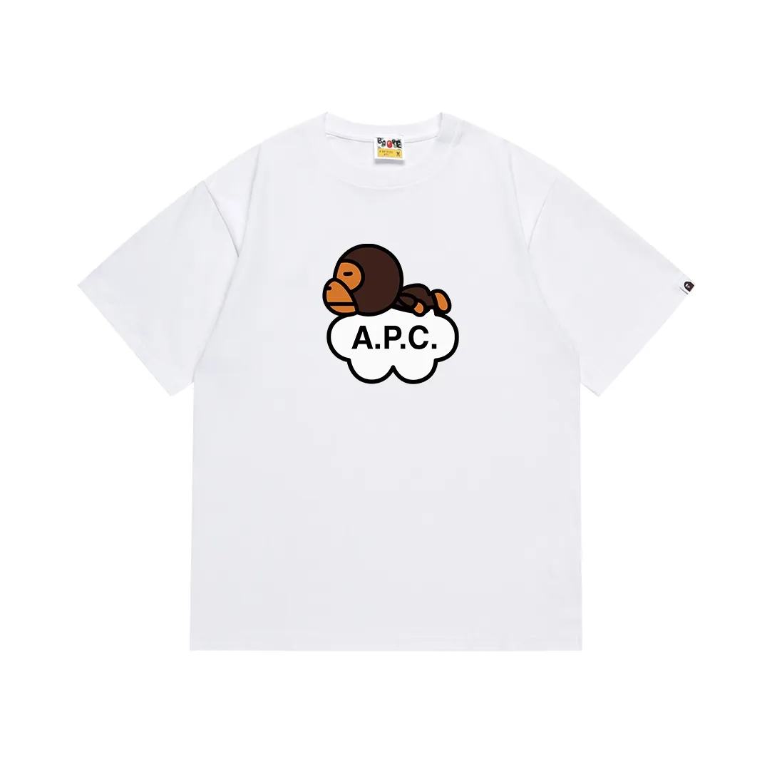 SC079#p110💰 (Top version) BAPE ✖️A•P•C co-branded cartoon BABY MILO letter printed short-sleeved T-shirt. Made of 260 grams of high-quality high-weave pure cotton fabric. Double yarn combed. The texture is soft and non-pilling. Imported environmentally friendly printing glue. The pattern is bright and three-dimensional. Quality💥Same style for men and women. The upper body is trendy. Color: black white. Size: S M L XL XXL