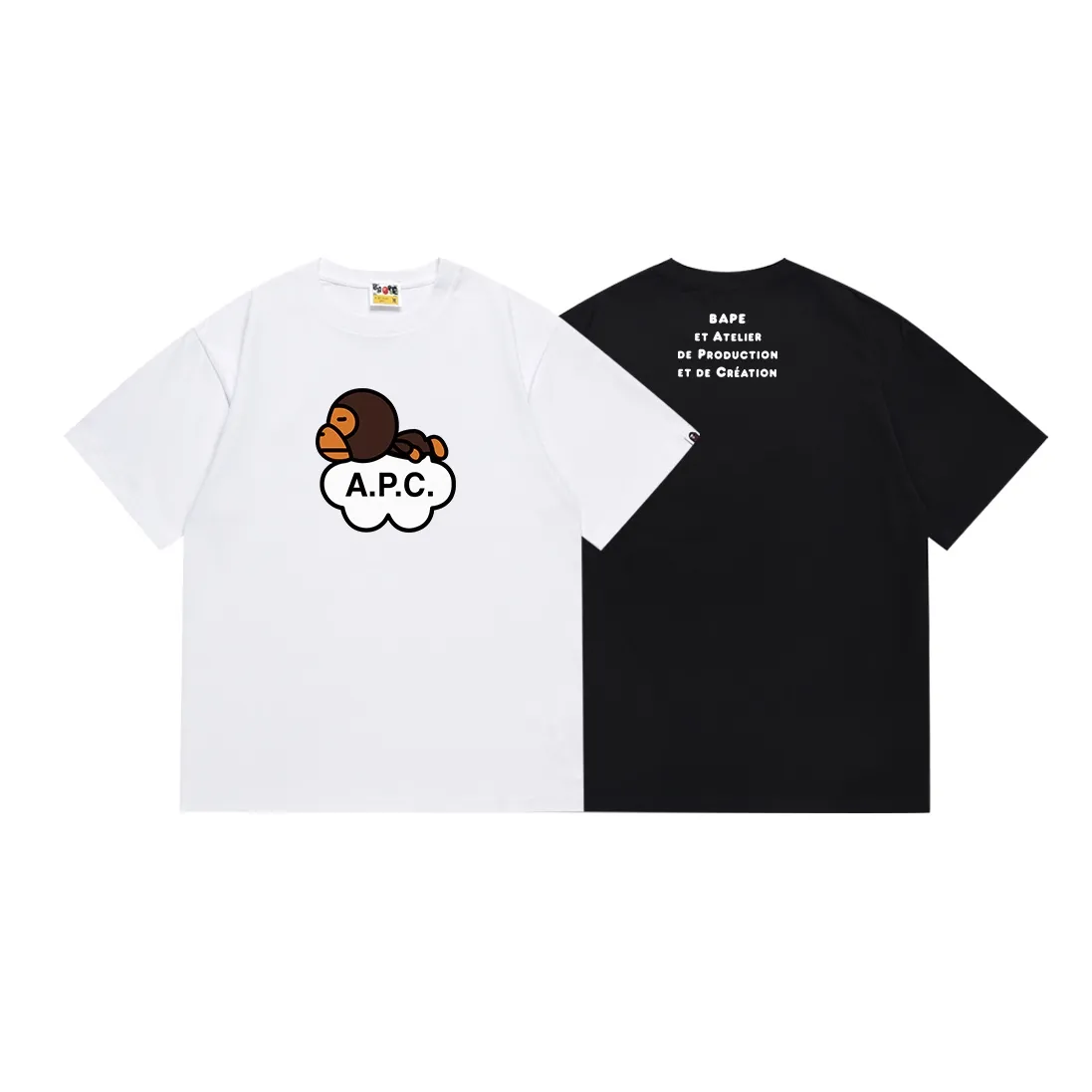 SC079#p110💰 (Top version) BAPE ✖️A•P•C co-branded cartoon BABY MILO letter printed short-sleeved T-shirt. Made of 260 grams of high-quality high-weave pure cotton fabric. Double yarn combed. The texture is soft and non-pilling. Imported environmentally friendly printing glue. The pattern is bright and three-dimensional. Quality💥Same style for men and women. The upper body is trendy. Color: black white. Size: S M L XL XXL