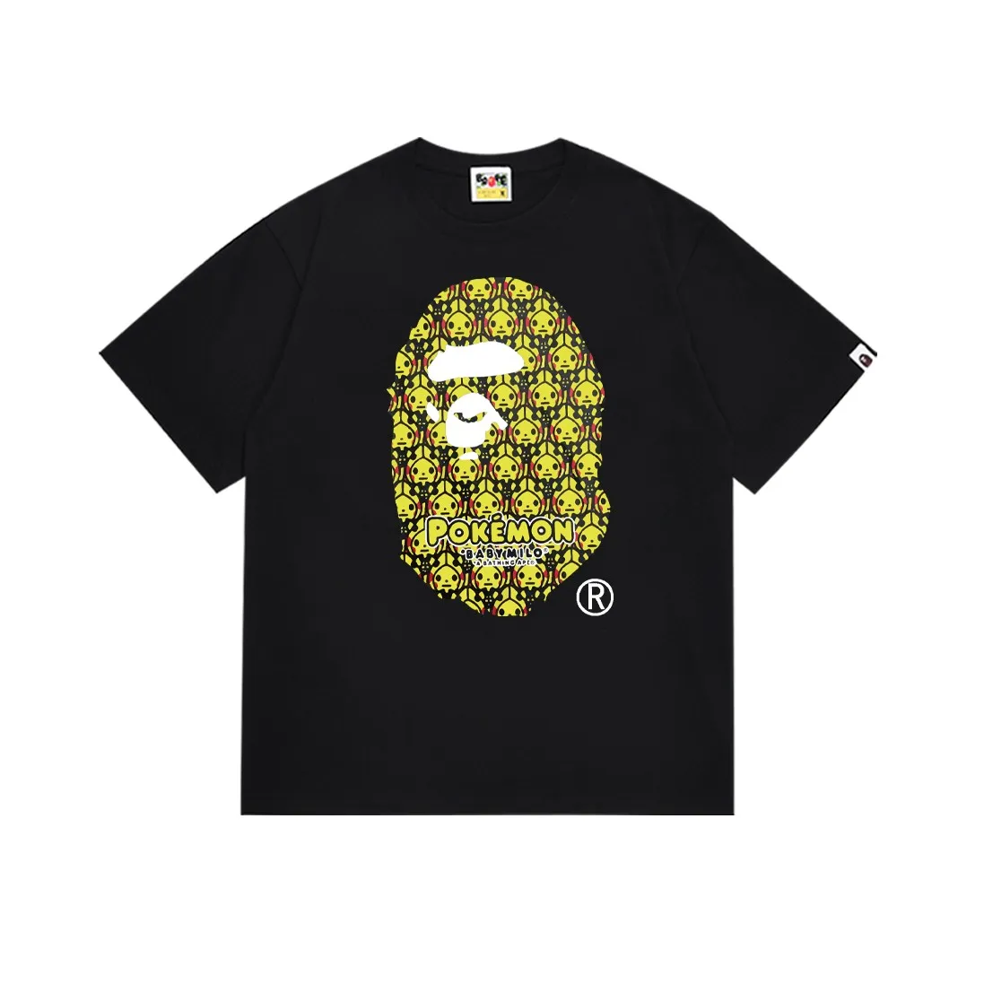 P110 SC020# (top version) BAPE POKEMON Pikachu Pokémon co-branded ape head print Made of 260 grams of high-quality high-weave pure cotton fabric, double yarn combed, soft and non-pilling texture, imported environmentally friendly printing glue, bright and three-dimensional pattern, quality 💥Same style for men and women, the upper body is fashionable Color: black and white Size: S M L XL XXL