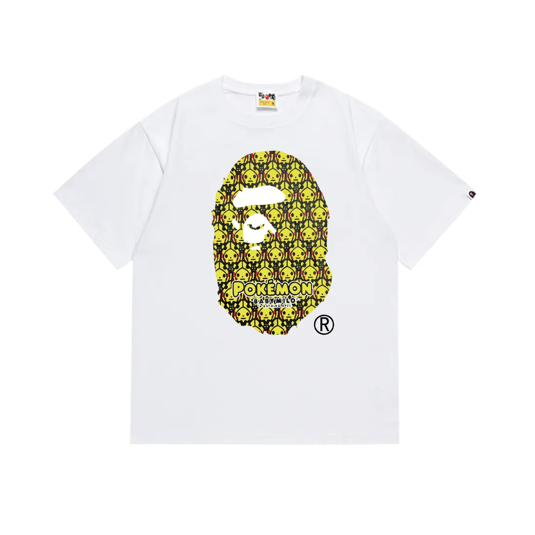 P110 SC020# (top version) BAPE POKEMON Pikachu Pokémon co-branded ape head print Made of 260 grams of high-quality high-weave pure cotton fabric, double yarn combed, soft and non-pilling texture, imported environmentally friendly printing glue, bright and three-dimensional pattern, quality 💥Same style for men and women, the upper body is fashionable Color: black and white Size: S M L XL XXL
