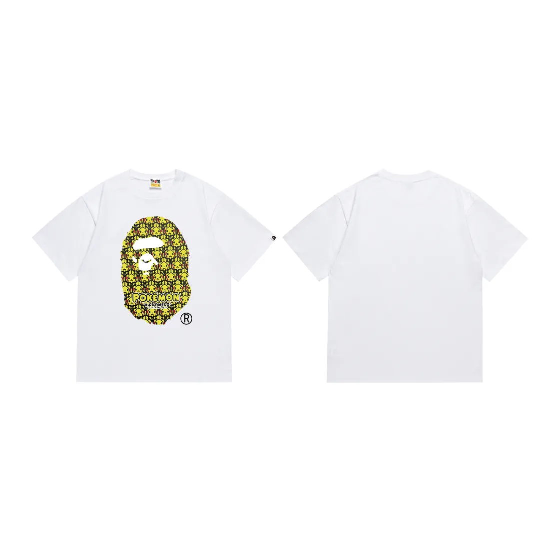 P110 SC020# (top version) BAPE POKEMON Pikachu Pokémon co-branded ape head print Made of 260 grams of high-quality high-weave pure cotton fabric, double yarn combed, soft and non-pilling texture, imported environmentally friendly printing glue, bright and three-dimensional pattern, quality 💥Same style for men and women, the upper body is fashionable Color: black and white Size: S M L XL XXL