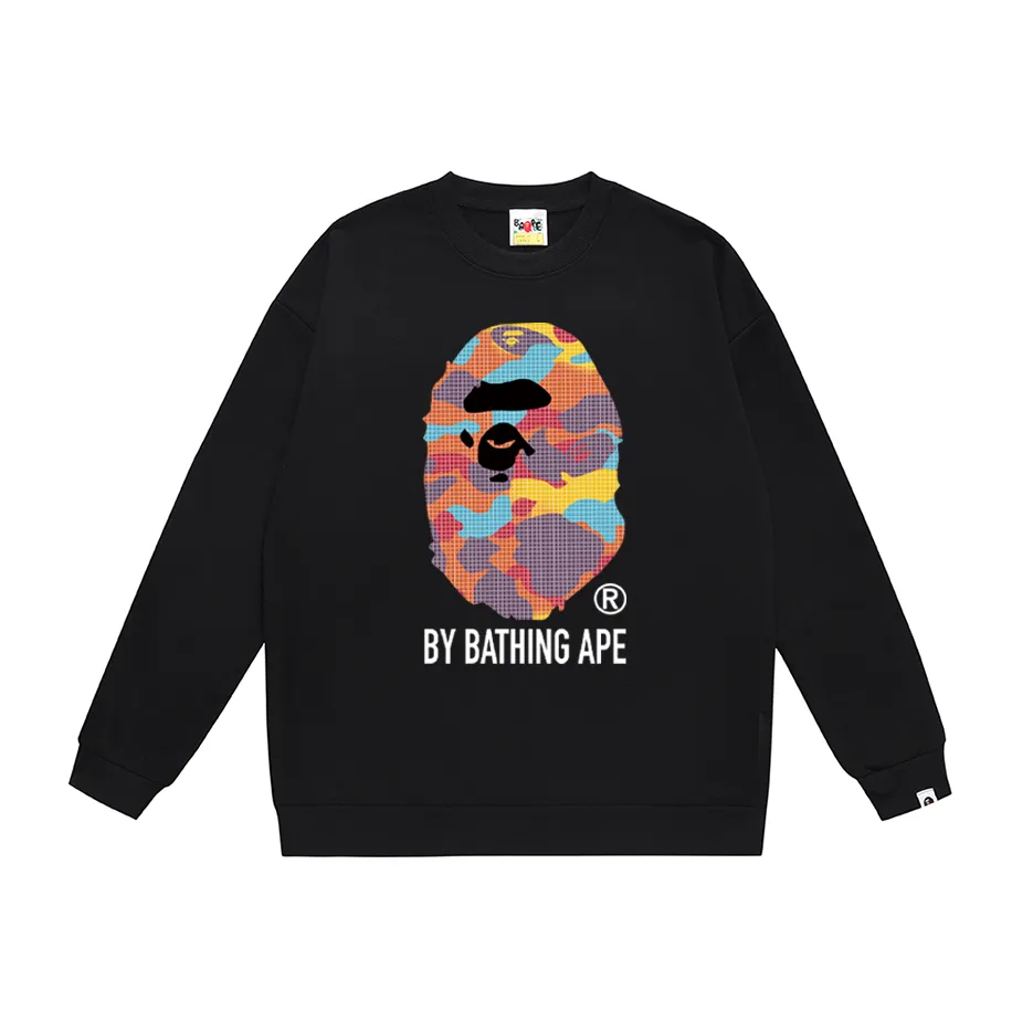 P170 model number SC317# terry 80 plus velvet 85 (top version) BAPE ape head letter printed round neck sweatshirt Made of 350g large terry (drop shoulder large version) fabric, soft and non-pilling, imported environmentally friendly printing glue, bright and three-dimensional pattern, quality 💥Same style for men and women, the upper body is fashionable Color: black white gray Size: S M L XL XXL