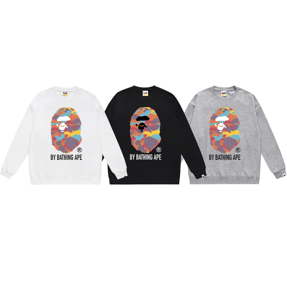 P170 model number SC317# terry 80 plus velvet 85 (top version) BAPE ape head letter printed round neck sweatshirt Made of 350g large terry (drop shoulder large version) fabric, soft and non-pilling, imported environmentally friendly printing glue, bright and three-dimensional pattern, quality 💥Same style for men and women, the upper body is fashionable Color: black white gray Size: S M L XL XXL