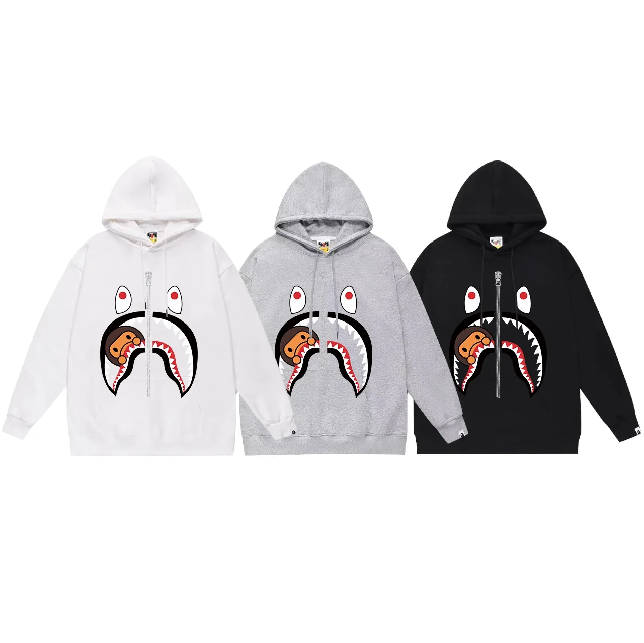 Model number SC669#terry p160 plus velvet p180💰 (top version) BAPE shark mouth monkey pattern printed hooded sweatshirt. Made of 380g large terry 430g silver fox velvet (drop shoulder large version) fabric. The texture is soft and non-pilling. Imported environmentally friendly printing glue. The pattern is bright and three-dimensional. Quality💥Same style for men and women. The upper body is trendy. Color: black white gray Size: S M L XL XXL