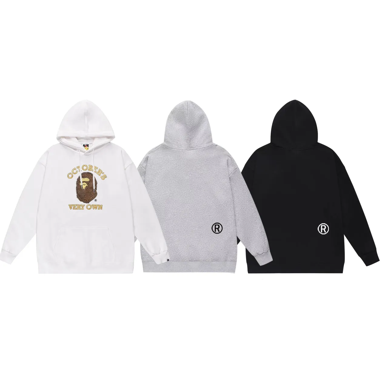 Model No. SC738# Terry p160 plus velvet 180💰 (top version) BAPE✖️OVO co-branded ape head monogram hooded sweatshirt. Made of 380g large terry (drop shoulder large version) fabric. The texture is soft and non-pilling. Imported environmentally friendly printing glue. The pattern is bright and three-dimensional. The quality is the same for men and women. The upper body is trendy. Color: black white gray Size: S M L XL XXL