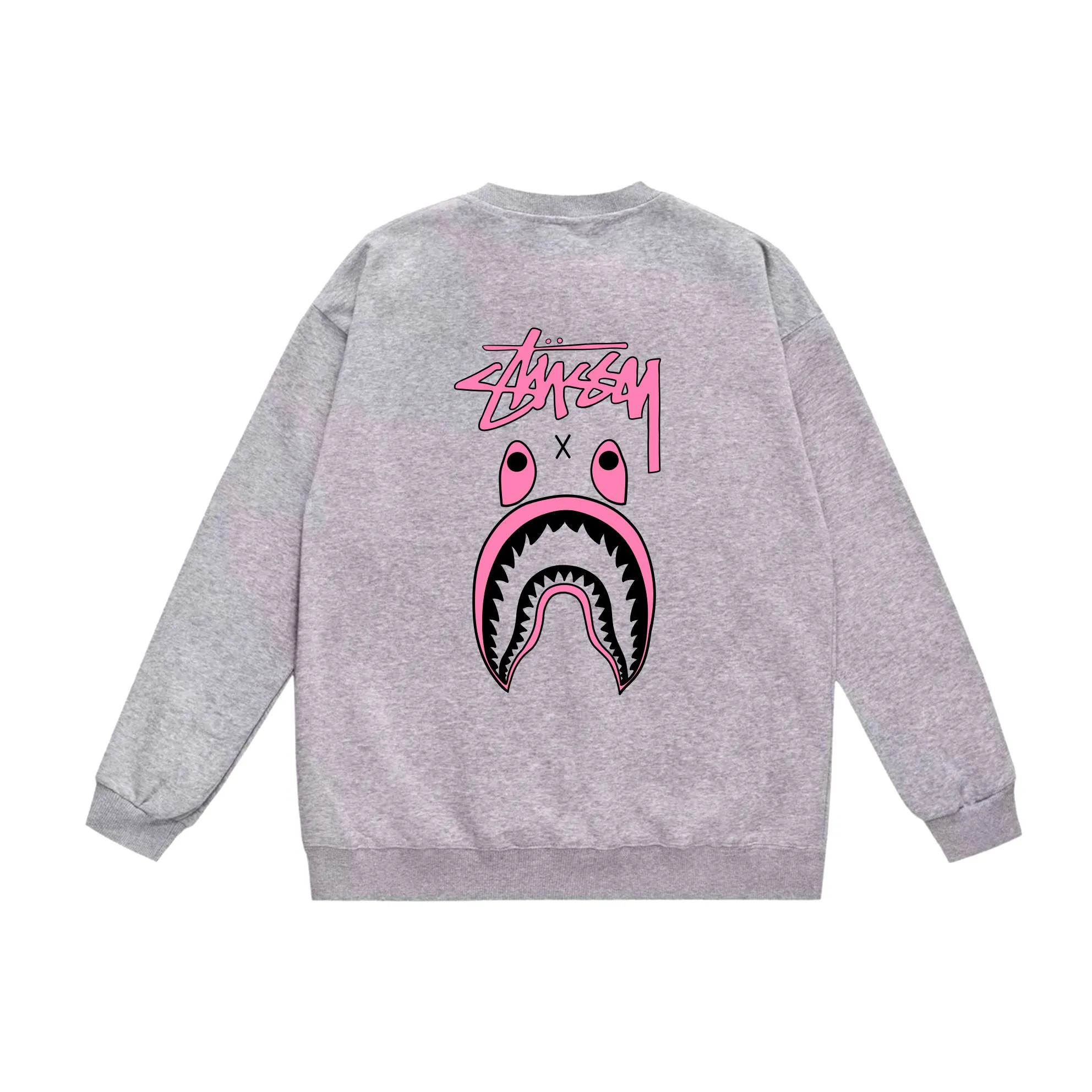 P150 model number SC504# terry 75 plus velvet 80 (top version) BAPE×STUSSY co-branded Stussy letter round neck sweatshirt Made of 350g large terry (drop shoulder large version) fabric, soft texture and no pilling Imported environmentally friendly printing glue The pattern is bright and three-dimensional Quality 💥Same style for men and women The upper body is fashionable Color: black white gray Size: S M L XL XXL