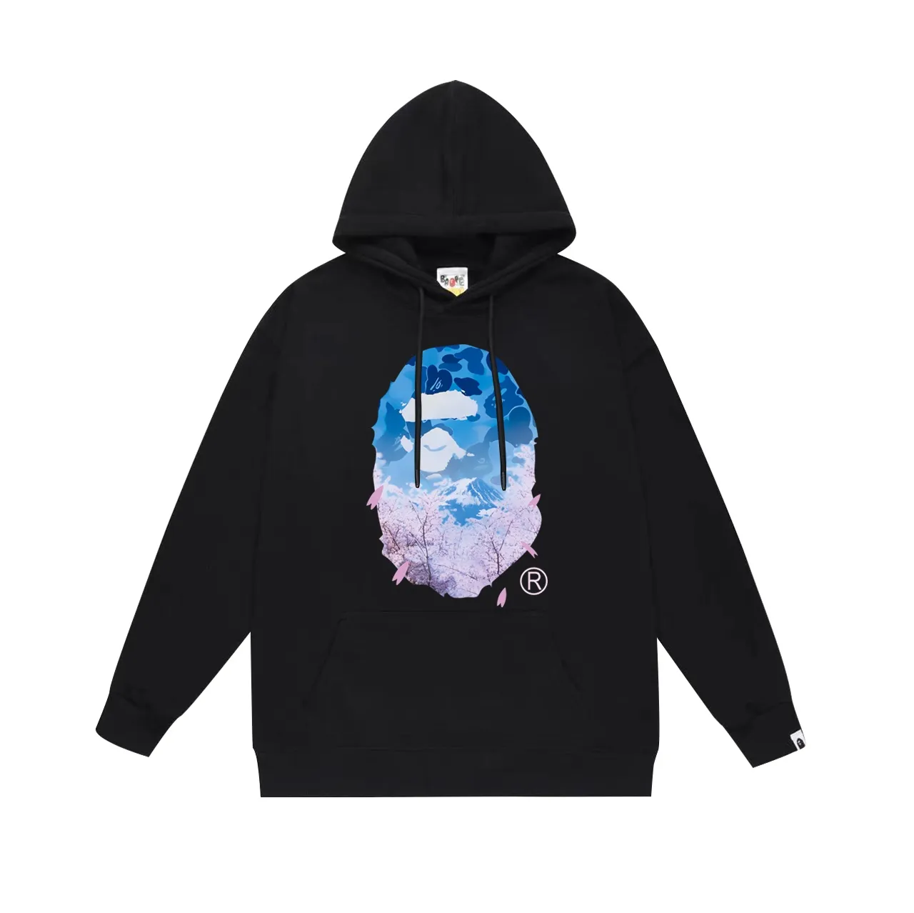 Model No. SC699# Terry p160 plus velvet p180💰 (top version) BAPE camouflage ape head cherry blossom tree Mount Fuji printed hooded sweatshirt. Made of 380g large terry 430g silver fox velvet (off-shoulder large version) fabric. The texture is soft and non-pilling. Imported environmentally friendly printing glue. The pattern is bright and three-dimensional. Quality💥Same style for men and women. The upper body is trendy. Color: black white gray Size: S M L XL XXL