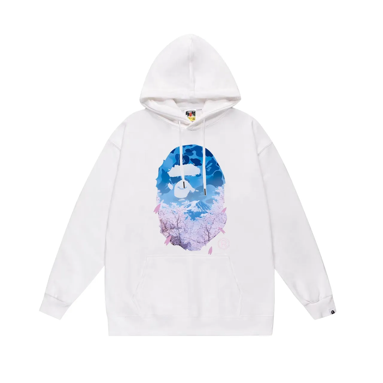 Model No. SC699# Terry p160 plus velvet p180💰 (top version) BAPE camouflage ape head cherry blossom tree Mount Fuji printed hooded sweatshirt. Made of 380g large terry 430g silver fox velvet (off-shoulder large version) fabric. The texture is soft and non-pilling. Imported environmentally friendly printing glue. The pattern is bright and three-dimensional. Quality💥Same style for men and women. The upper body is trendy. Color: black white gray Size: S M L XL XXL